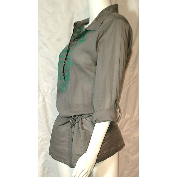 Prana Embroidered Drop Waist Drawstring 100% Cotton Roll Sleeve Tunic - Size M - Picture 4 of 13